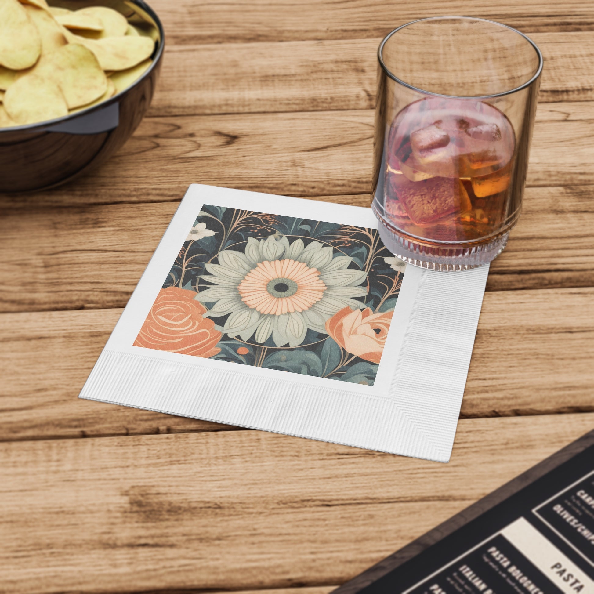 Floral Square Cocktail Napkins — Vintage Peach & Sage Botanical Design, 2 sizes, Pack of 50 or 100