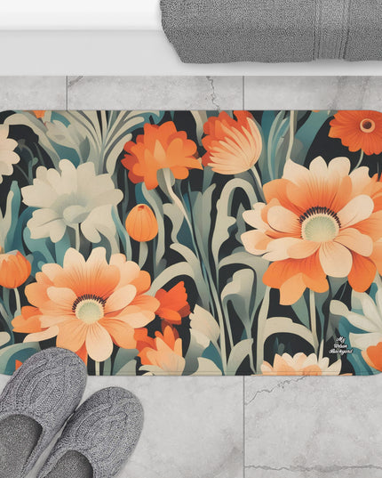 Orange and White Flowers, Memory Foam Bath Mat - Cozy Bathroom Essential