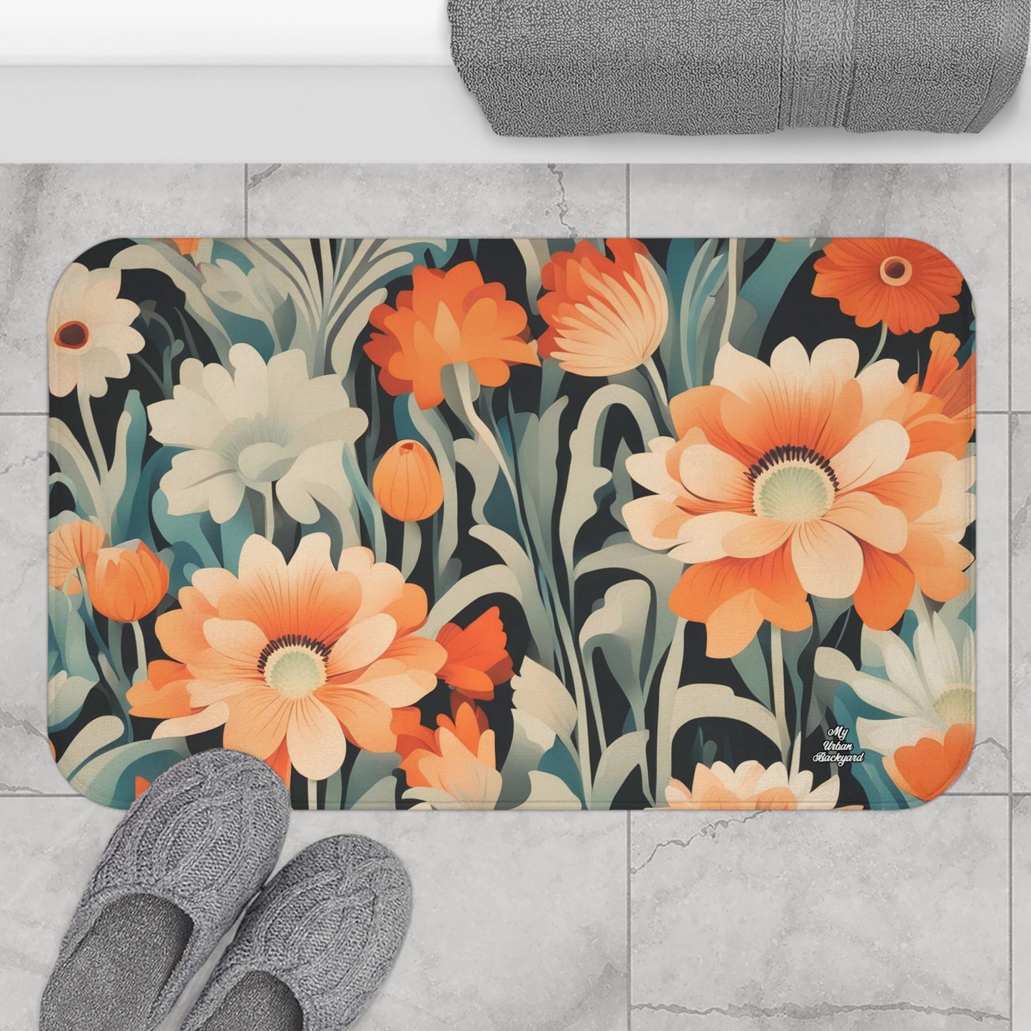Orange and White Flowers, Memory Foam Bath Mat - Cozy Bathroom Essential