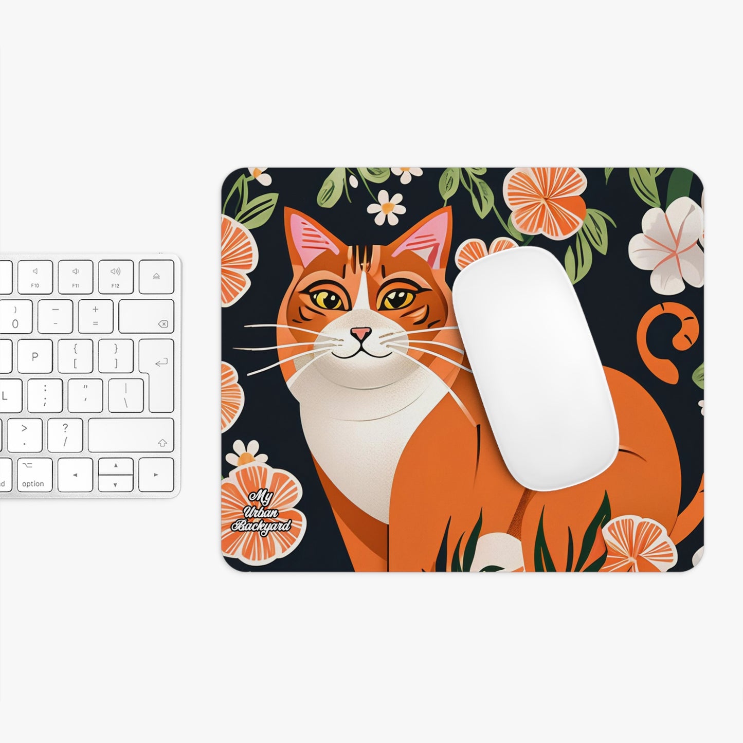 Computer Mouse Pad with Non-slip rubber bottom for Home or Office - Orange Cat with Orange Flowers