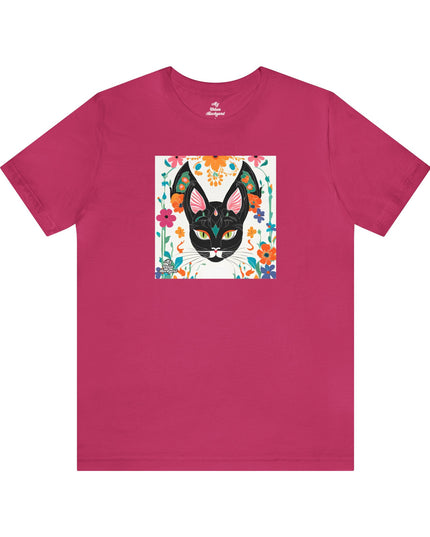 Black Cat w Green Eyes & Flowers, Soft 100% Jersey Cotton T-Shirt, Unisex, Short Sleeve, Retail Fit
