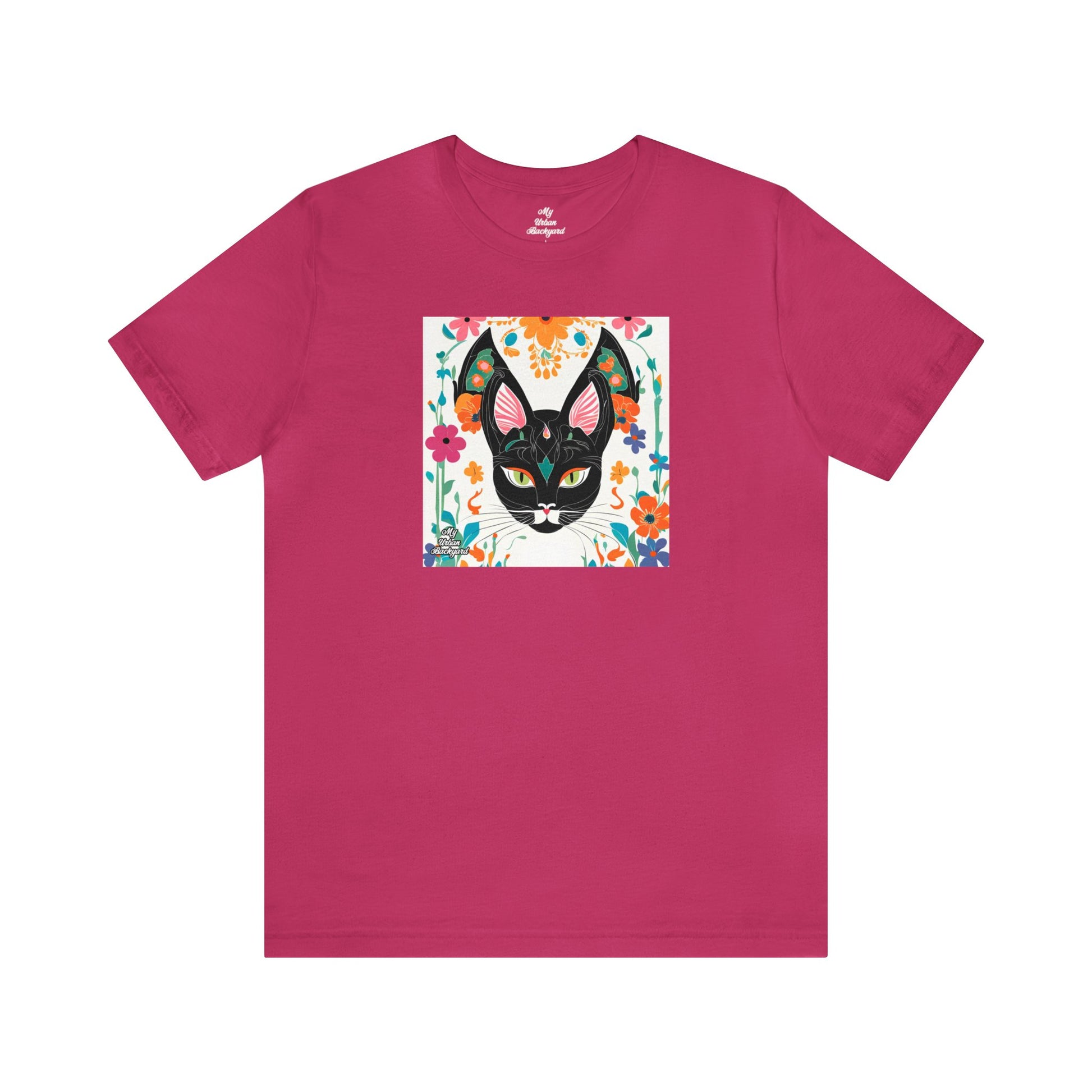 Black Cat w Green Eyes & Flowers, Soft 100% Jersey Cotton T-Shirt, Unisex, Short Sleeve, Retail Fit