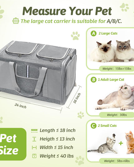 Sedioso Extra Large Cat Carrier for 2 Cats, 24x 14x 16in Pet Carrier for Cat and Dog Up to 40lbs, All-Sided Large Mesh Cat Carrier with Great Ventilation, Portable Soft Sided Pet Carrier for Traveling
