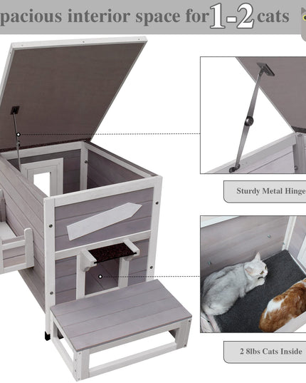 HiCaptain Outdoor Cat House, Weatherproof Feral Cat House with Escape Door, Outside Wooden Single Story Pet House for Cats, Puppies and Small Pet - Grey