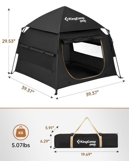 KingCamp Large Automatic Pop-Up Dog Tent, Portable Dog House for Indoor&Outdoor Use, Cozy Dog Bed Tent with Rain Hood, Black, 39.37" x 39.37" x 29.53"