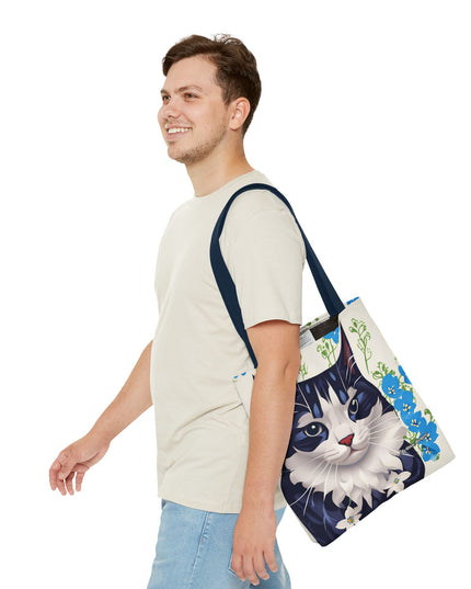 Cat and Blue Flowers Tote Bag with Cotton Handles For Everyday Use, 3 Sizes