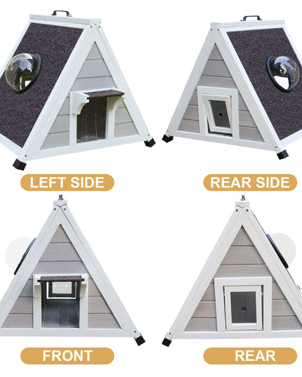 Deblue Outdoor Cat House for Feral Cats, Weatherproof Wooden Cat House for Small Pets, Unique Cat Shelter with Escape Door & Clear Window (Grey House)