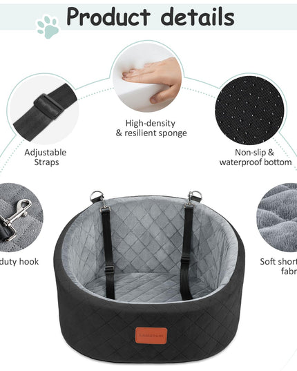 Lealchum Dog Car Seat Up to 25lb Dogs, 2 Adjustable Safety Dog Leashes, Pet Washable Travel Car Seat with Non-Slip Bottom, Easy to Install and Removable, Covered with Soft Fabric(Black/Grey, Small)