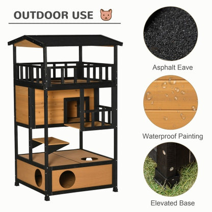 Wooden Outdoor Cat House, Wild Cat Shelter Kitten Tree