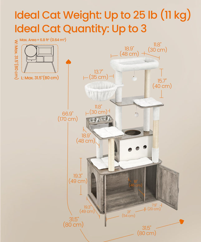 Feandrea Cat Tree, 66.9-Inch Cat Tower with Litter Box Enclosure, Large Cat Condo with Food Station, Storage, Scratching Posts, Cat Cave, Hammock, Washable Cushions, Heather Greige UPCT169K02