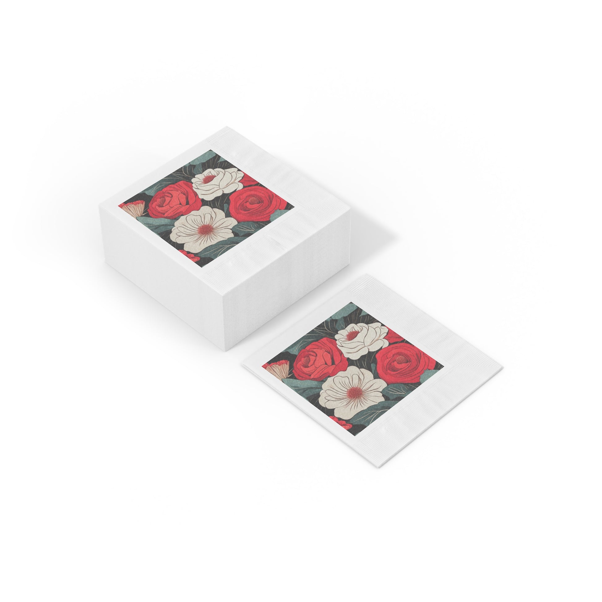 Floral Cocktail Napkins — Vintage Red White Garden Party Decor, 2 sizes, Pack of 50 or 100