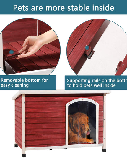 Petsfit Extra Large Dog House, Outdoor Wooden Dog House for Large Dogs, Red, 45.6"L X 31"W X 32"H