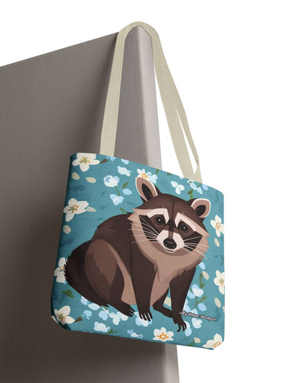 Young Raccoon w Flowers Tote Bag with Cotton Handles For Everyday Use, 3 Sizes