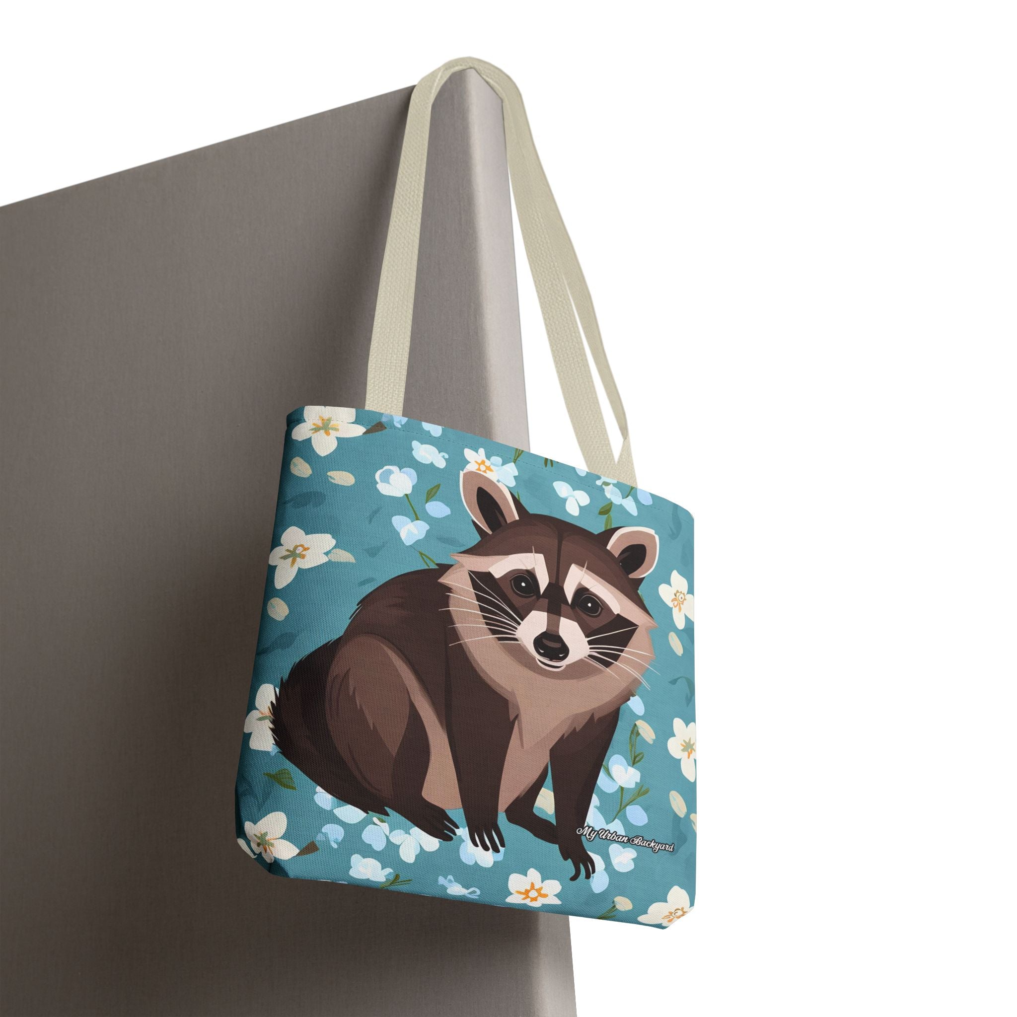 Young Raccoon w Flowers Tote Bag with Cotton Handles For Everyday Use, 3 Sizes