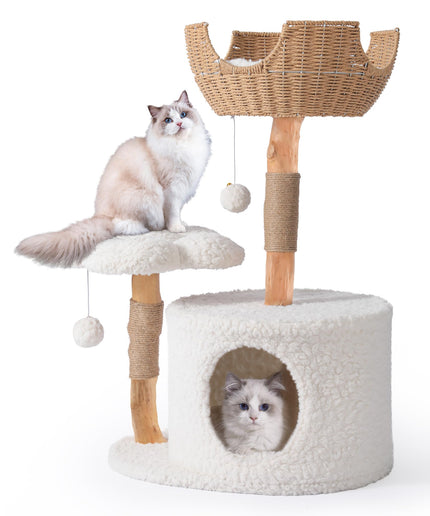 Easyego Modern Cat Tree, Aesthetic Wood Cat Tree Tower for Large Cats, Luxury Cat Condo with Scratching Posts and Flower Platforms, Cat Furniture by Easyego, (White)