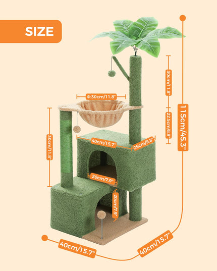 PURRPURCAT 45-Inch Green Cat Tree with 2 Condos for Indoor Cats,Cat Tower with Scratching Posts for Small Cats,Cactus Cat Tree Tower with Hammock and Cat Toys
