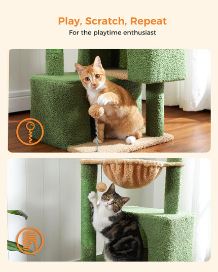 PURRPURCAT 45-Inch Green Cat Tree with 2 Condos for Indoor Cats,Cat Tower with Scratching Posts for Small Cats,Cactus Cat Tree Tower with Hammock and Cat Toys