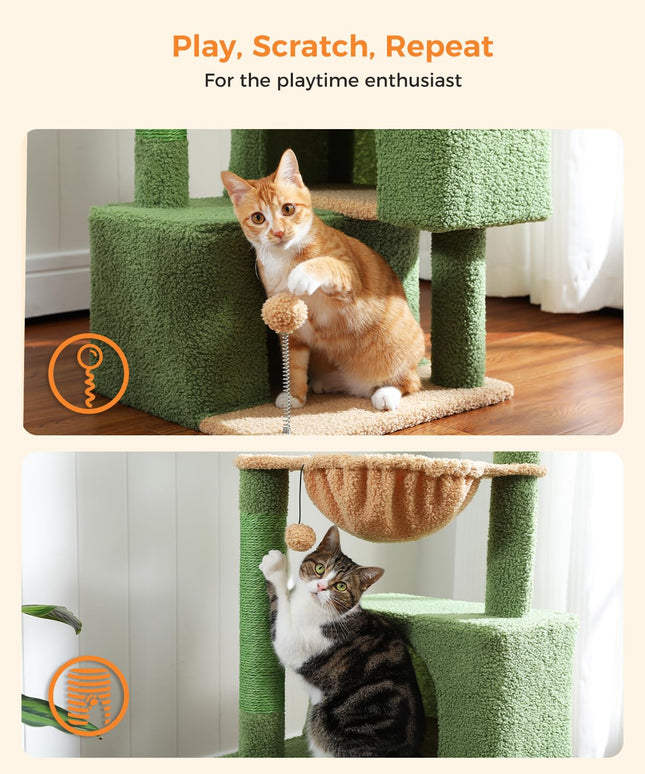 PURRPURCAT 45-Inch Green Cat Tree with 2 Condos for Indoor Cats,Cat Tower with Scratching Posts for Small Cats,Cactus Cat Tree Tower with Hammock and Cat Toys