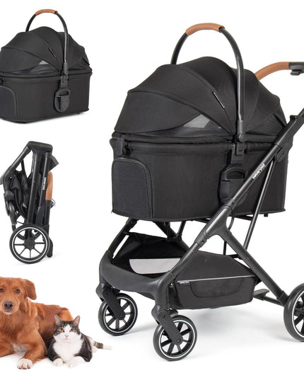 Beberoad Pets T6 Luxury Pet Stroller for Medium Dog Under 66lbs or 2 Small Dogs & Cats, Foldable and Carrier -Detachable (Black)