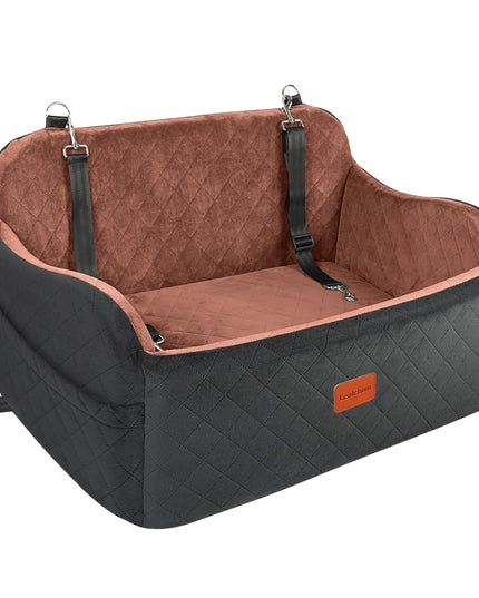 Lealchum Dog Car Seat for Large Size Dog,Soft Fabric Car Dog Bed Filling Memory Foam,2 Clip-On Safety Leashs and 2 Pockets,Removable and Washable Comfy Pet Car Seat(Black/Brown, Large)