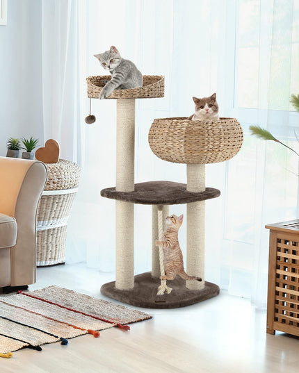 PETSITE 41 Inch Modern Cat Tree for Indoor Cats, Multi-Level Cat Tower with Scratching Posts, Hand-Made Wicker Cat Condo & Top Perch, Dangling Ball, Sisal Rope, Cute Cat Tree for Large Cats 20 lbs