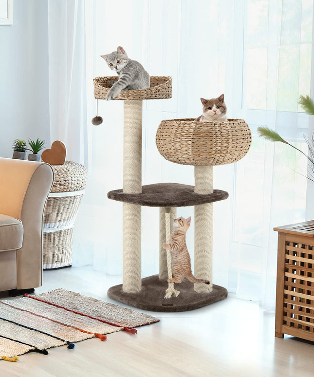 PETSITE 41 Inch Modern Cat Tree for Indoor Cats, Multi-Level Cat Tower with Scratching Posts, Hand-Made Wicker Cat Condo & Top Perch, Dangling Ball, Sisal Rope, Cute Cat Tree for Large Cats 20 lbs