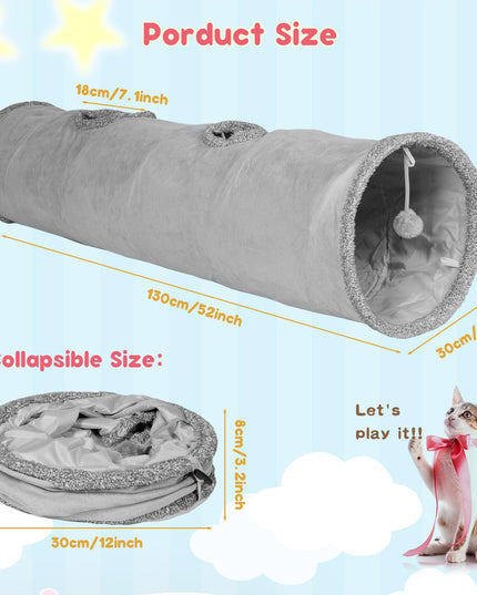 KOSMUSMO 51 Inches Extra Long Cat Tunnels for Indoor Cats, Collapsible Pet Play Tube with Cat Toys and Two Peek Holes, Cat Hideout Hideaway for Big Cats, Kittens, Bunny Rabbits, Ferrets, Puppy