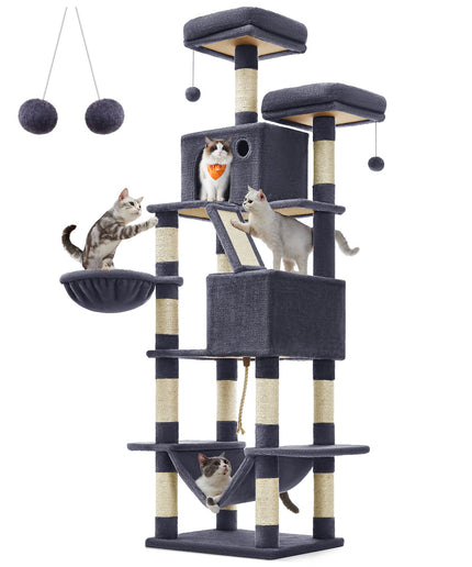Feandrea Cat Tree, 81.1-Inch Large Cat Tower with 13 Scratching Posts, 2 Perches, 2 Caves, Basket, Hammock, Pompoms, Multi-Level Plush Cat Condo for Indoor Cats, Smoky Gray UPCT190G01