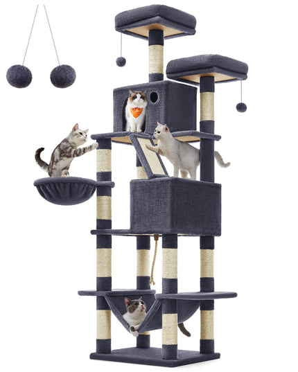 Feandrea Cat Tree, 81.1-Inch Large Cat Tower with 13 Scratching Posts, 2 Perches, 2 Caves, Basket, Hammock, Pompoms, Multi-Level Plush Cat Condo for Indoor Cats, Smoky Gray UPCT190G01