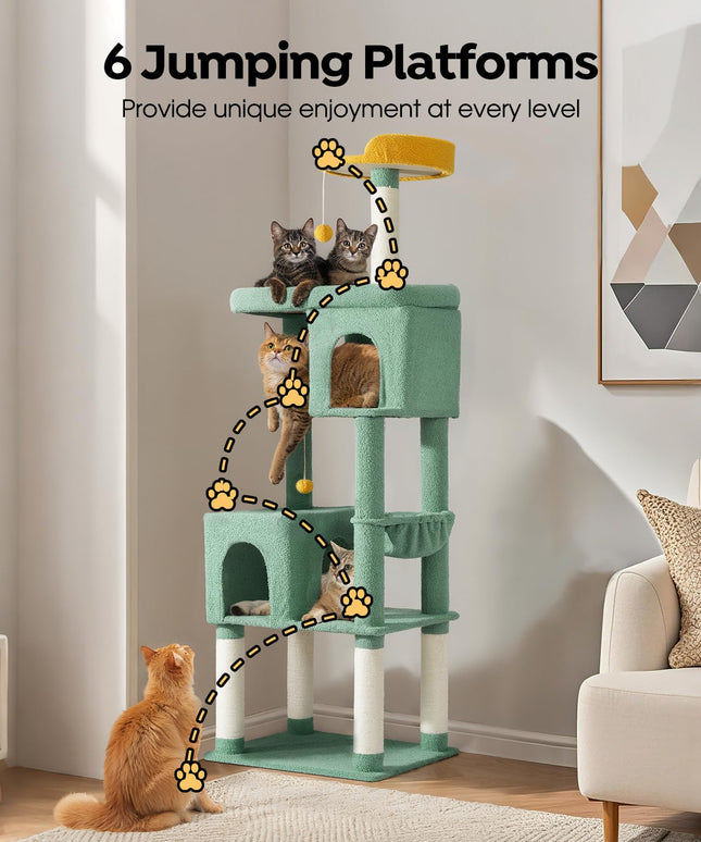 Veehoo Cat Tree for Indoor Cats Large Adult, 68.7 inch Tall Large Cat Tree for Cats, Cactus Cat Tower for Cats with 2 Spacious Cat Perches, 2 Caves, Hammock and 5 Scratching Posts