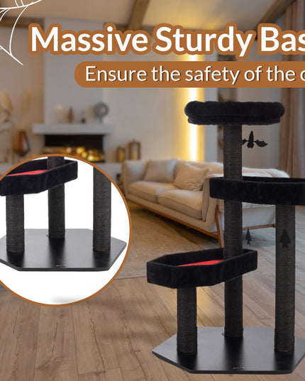 Happy & Polly Gothic Cat Tree with Coffin Bed - 40.9"Black Cat Tower with Soft Mats, Natural Sisal Scratching Posts, Bat Hanging Ball, Multi-Level Platform Cat Activity Center for Large Cats Halloween