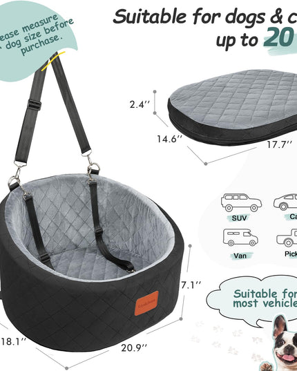 Lealchum Dog Car Seat Up to 25lb Dogs, 2 Adjustable Safety Dog Leashes, Pet Washable Travel Car Seat with Non-Slip Bottom, Easy to Install and Removable, Covered with Soft Fabric(Black/Grey, Small)