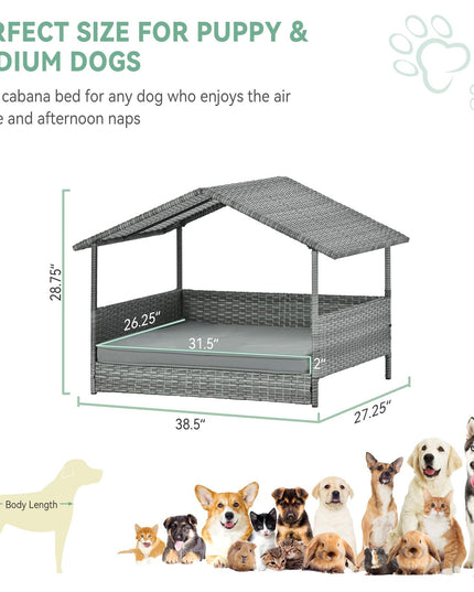 Lyromix Wicker Dog House with Canopy, 32" Outdoor Elevated Rattan Dog Bed with Water-Resistant Soft Cushion, Large Outside Raised Dog Shelter for Small, Medium Dogs, Gray