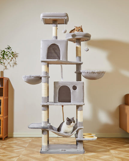 Taoqimiao 76-Inch Cat Tree Cat Tower for Indoor Cats, Plush Multi-Level Cat Condo with 12 Scratching Posts, 2 Perches, 2 Caves, Hammock, 2 Pompoms MS016W Light Gray