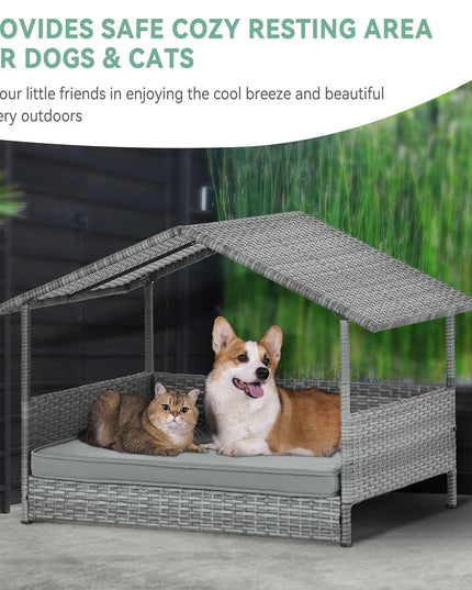 Lyromix Wicker Dog House with Canopy, 32" Outdoor Elevated Rattan Dog Bed with Water-Resistant Soft Cushion, Large Outside Raised Dog Shelter for Small, Medium Dogs, Gray
