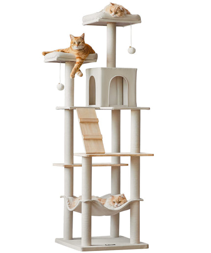 MWPO Large Modern Cat Tree, 70.1-Inch Wood Cat Tower for Indoor Cats, Multi-Level Tall Cat Condo with 2 Padded Perches, Hammock, Scratching Posts, Dangling Toys, Beige