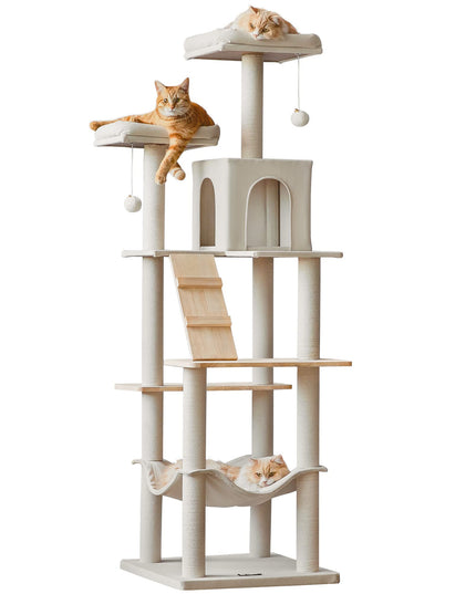 MWPO Large Modern Cat Tree, 70.1-Inch Wood Cat Tower for Indoor Cats, Multi-Level Tall Cat Condo with 2 Padded Perches, Hammock, Scratching Posts, Dangling Toys, Beige