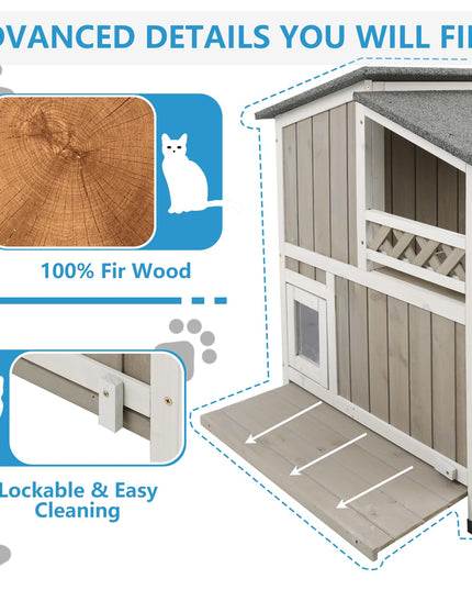 Gowoodhut Feral Cat Shelter Outdoor Weatherproof Houses for Cats Two Story Wooden Cat House Outside Feral Cat House with Balcony Waterproof, Escape Doors