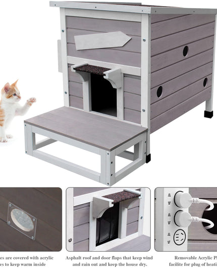 HiCaptain Outdoor Cat House, Weatherproof Feral Cat House with Escape Door, Outside Wooden Single Story Pet House for Cats, Puppies and Small Pet - Grey