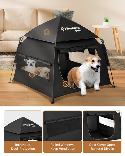 KingCamp Large Automatic Pop-Up Dog Tent, Portable Dog House for Indoor&Outdoor Use, Cozy Dog Bed Tent with Rain Hood, Black, 39.37" x 39.37" x 29.53"