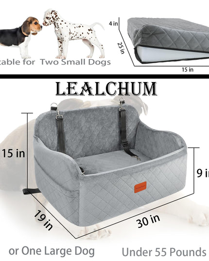 Lealchum Dog Car Seat for Medium Sized Dog,Car Dog Bed with Adjustable Leashes,Comfort and Support with Memory Foam Filled,Safety Travel Per Car Seat with Non-Slip Bottom(Grey, Large)