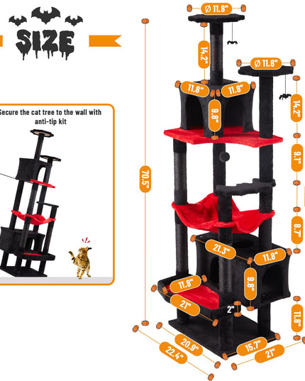 Erinnyees Gothic Cat Tree, 70.5" Heavy Duty Black Cat Tower, Tall Goth Tree with Dual Kitty Condo, Maine Coon Kitty Scratching Post with Coffin Bed, Hammock, Spooky Balls