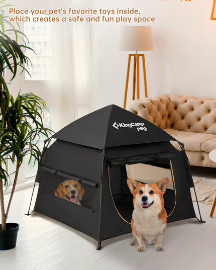 KingCamp Large Automatic Pop-Up Dog Tent, Portable Dog House for Indoor&Outdoor Use, Cozy Dog Bed Tent with Rain Hood, Black, 39.37" x 39.37" x 29.53"