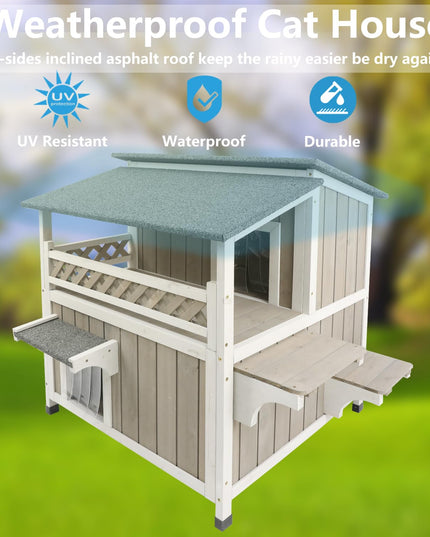 Gowoodhut Feral Cat Shelter Outdoor Weatherproof Houses for Cats Two Story Wooden Cat House Outside Feral Cat House with Balcony Waterproof, Escape Doors