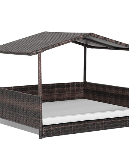 Giantex Wicker Dog House, Raised Rattan Dog Bed with Waterproof Roof, Washable Cushion Cover, Steel Frame, Indoor Outdoor Elevated Dog Bed Pet House for Small Medium Dogs Cats, Easy Assembly