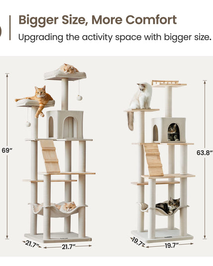 MWPO Large Modern Cat Tree, 70.1-Inch Wood Cat Tower for Indoor Cats, Multi-Level Tall Cat Condo with 2 Padded Perches, Hammock, Scratching Posts, Dangling Toys, Beige