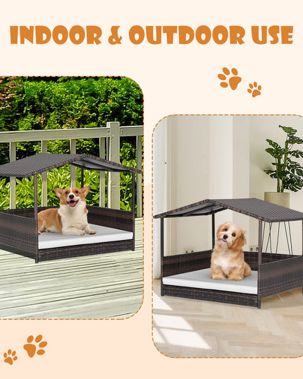 Giantex Wicker Dog House, Raised Rattan Dog Bed with Waterproof Roof, Washable Cushion Cover, Steel Frame, Indoor Outdoor Elevated Dog Bed Pet House for Small Medium Dogs Cats, Easy Assembly