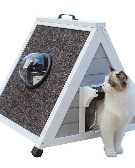 Deblue Outdoor Cat House for Feral Cats, Weatherproof Wooden Cat House for Small Pets, Unique Cat Shelter with Escape Door & Clear Window (Grey House)