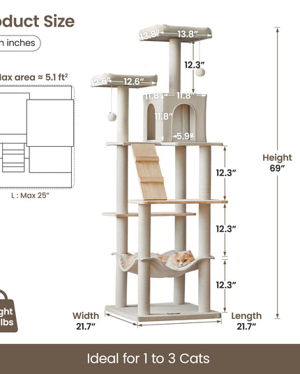 MWPO Large Modern Cat Tree, 70.1-Inch Wood Cat Tower for Indoor Cats, Multi-Level Tall Cat Condo with 2 Padded Perches, Hammock, Scratching Posts, Dangling Toys, Beige
