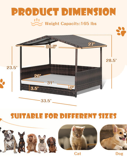 Giantex Wicker Dog House, Raised Rattan Dog Bed with Waterproof Roof, Washable Cushion Cover, Steel Frame, Indoor Outdoor Elevated Dog Bed Pet House for Small Medium Dogs Cats, Easy Assembly